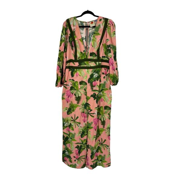 Farm Rio X Anthropologie Jumpsuit Womens XL Deep V Pink Palm Leaf Banana - Picture 1 of 8
